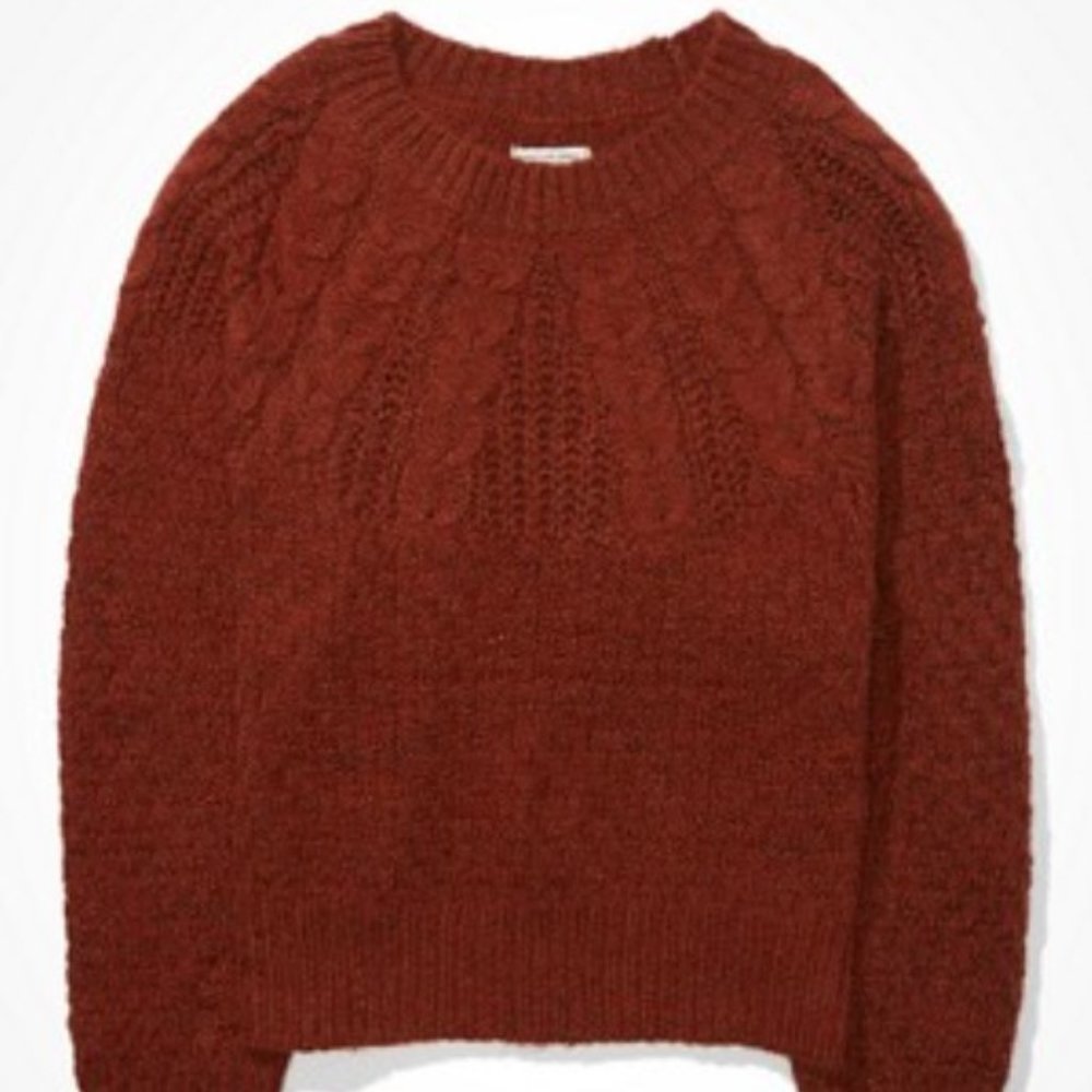 New American Eagle Outfitters / AE Cable Knit Crew Neck Sweater - Rust Orange